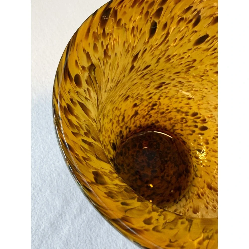 Vintage Tortoise Shell Art Glass Vase Hand Blown Flared Flute Amber Murano Style